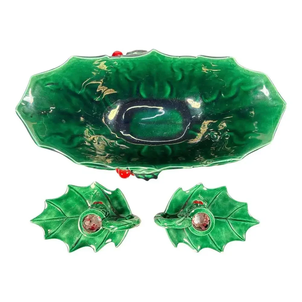Vintage Lefton Green Holly Berry Ceramic Sleigh Candy Dish and Candle Holder Set